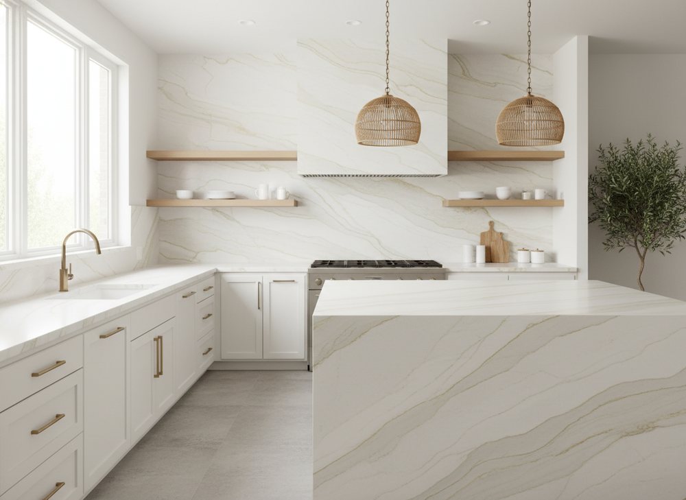 Taj Mahal quartzite · full-height backsplash