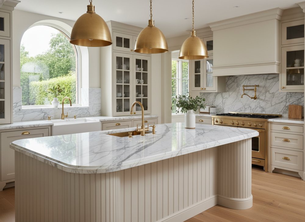 Calacatta marble · brass fixtures