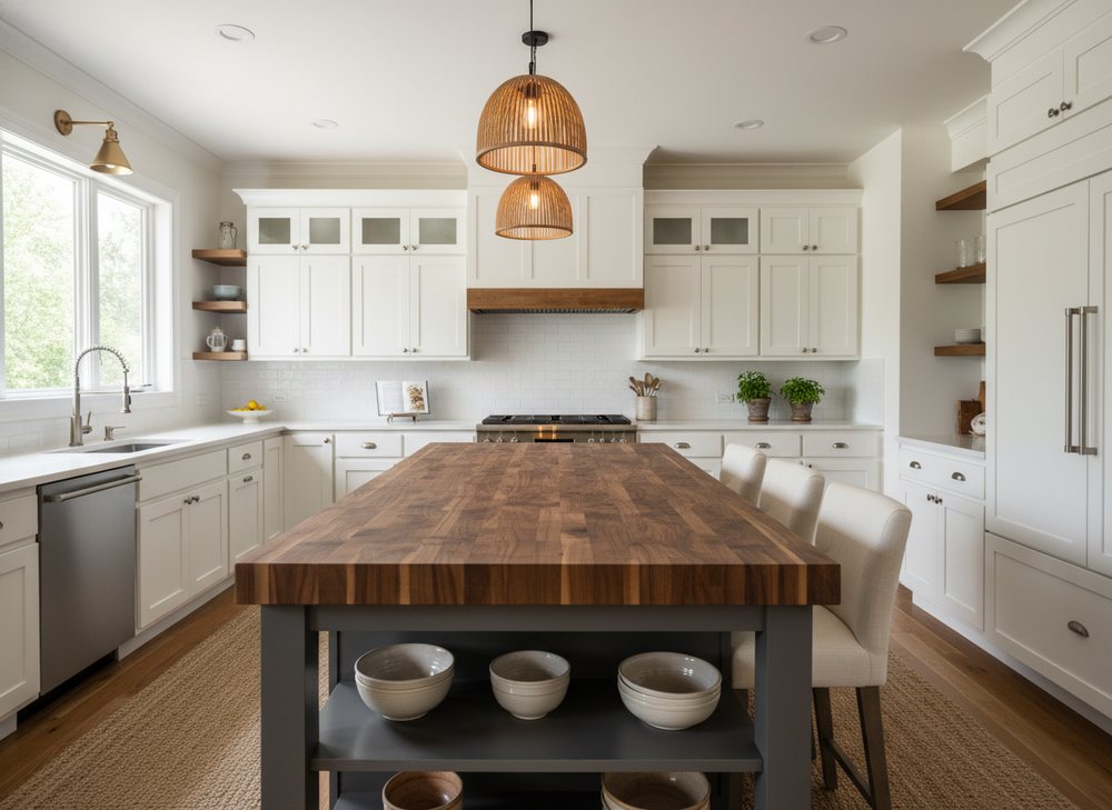 Butcher-block island · quartz perimeter